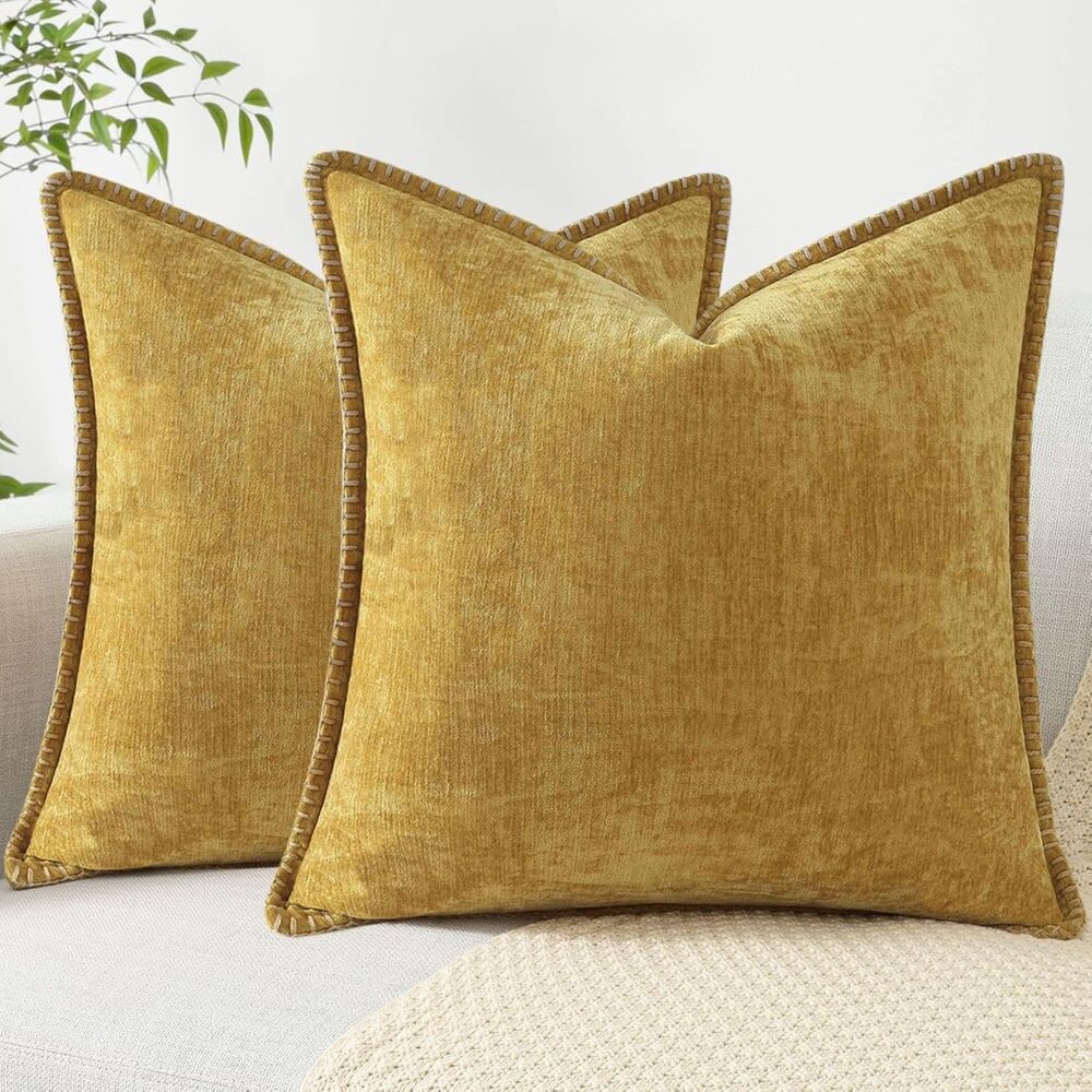 Set of 2, 22x22 inch, Decorative Throw Pillow Covers (Golden, Tan Stitched Edge)